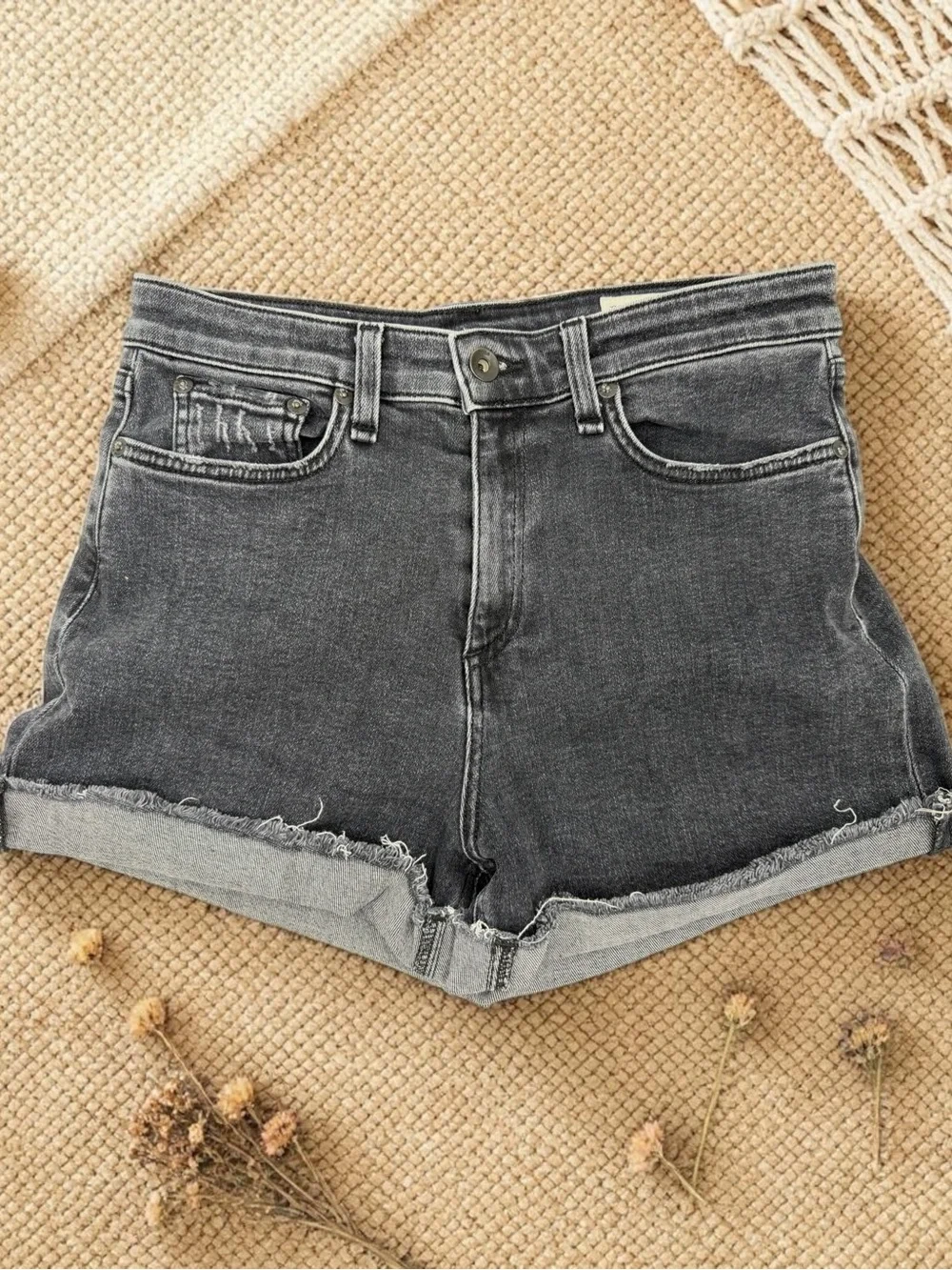 Rag and Bone Nina High Waist Denim Shorts Cuffed Hem Washed Black 27